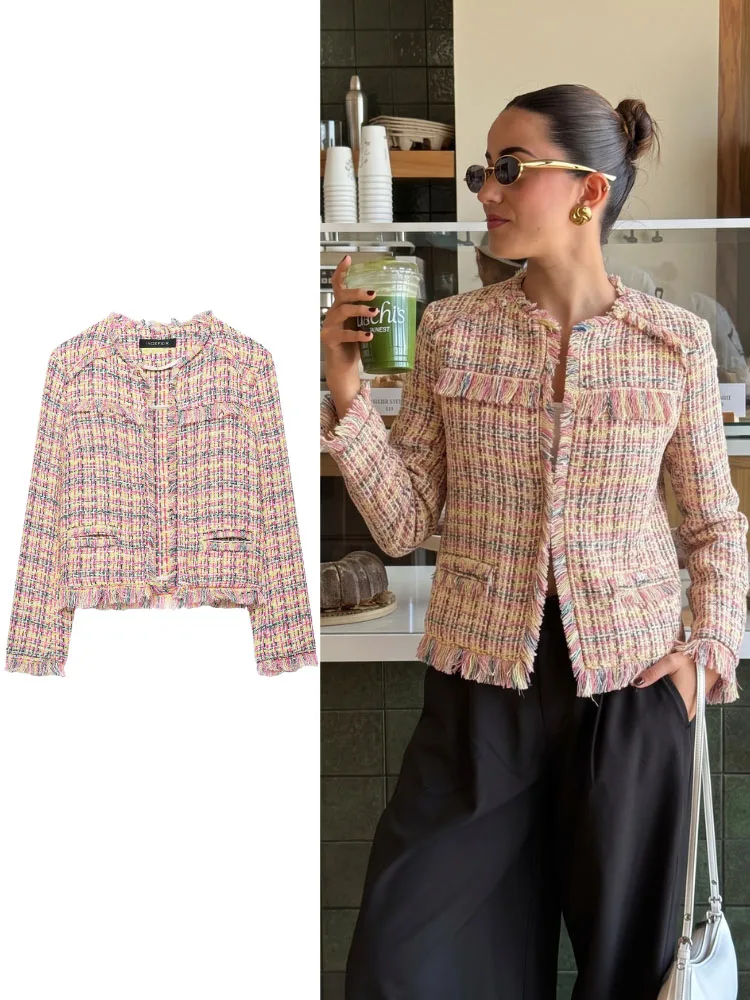 HH Women Spring Autumn Colorful Plaid Tweed Jacket Fringed Trim Crew Neck Cropped Long Sleeve For Holiday Vacation Casual Wear