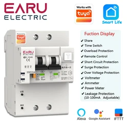 TUYA APP 2P 4P 10-100A Smart WIFI Circuit Breaker RCBO Switch Leakage Protection Power Energy Consumption kWh Meter Voltmeter