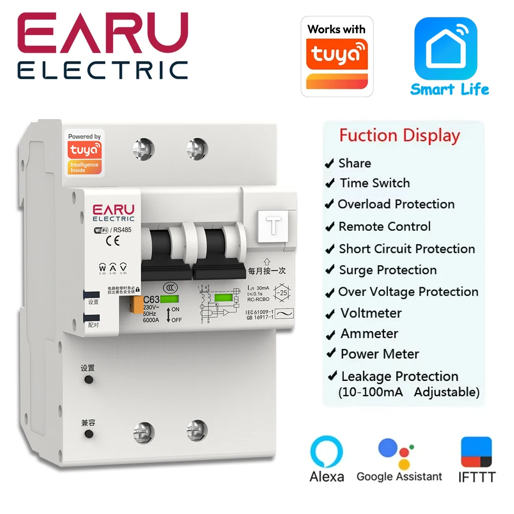TUYA APP 2P 4P 10-100A Smart WIFI Circuit Breaker RCBO Switch Leakage Protection Power Energy Consumption kWh Meter Voltmeter