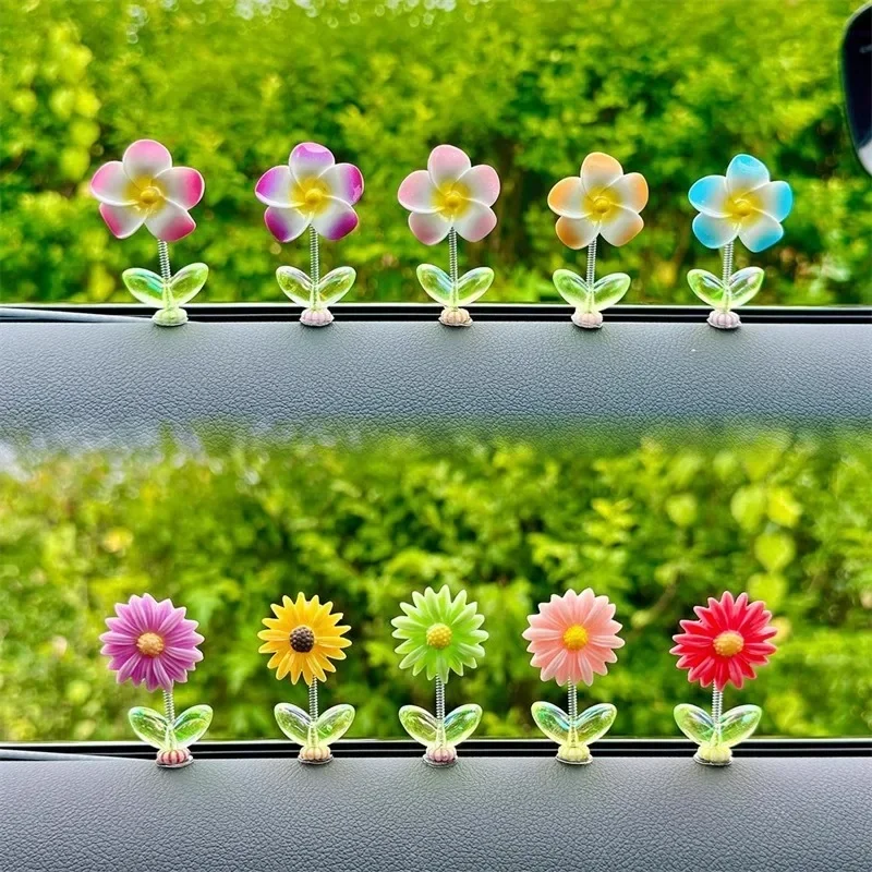5Pcs Cute Shaking Head Car Interior Mini Flower Center Console Rearview Mirror Decoration Fun Car Interior Gift Accessories