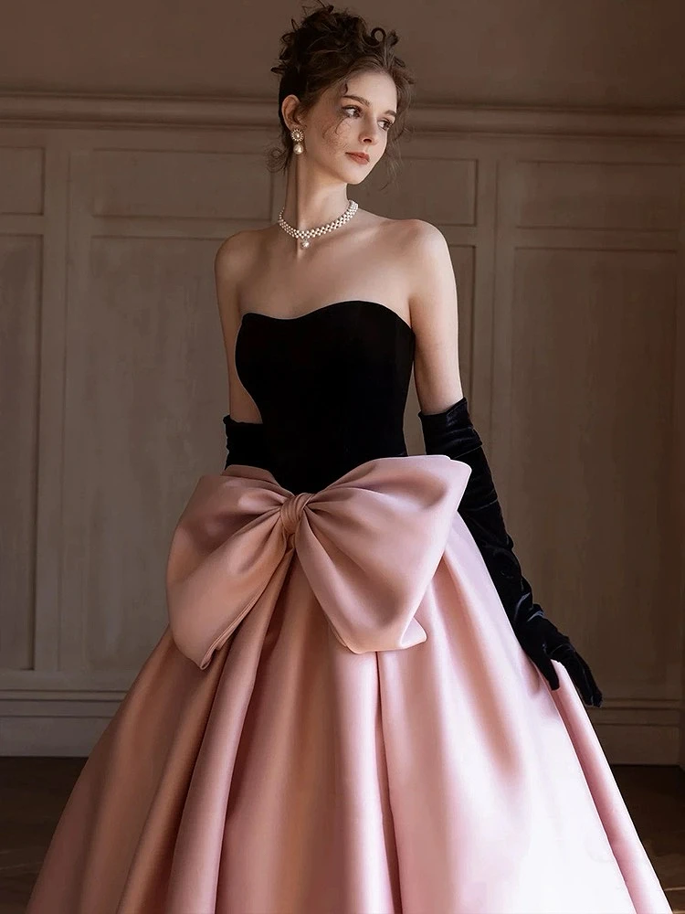 Pink Evening Dresses A-line Strapless Black Gloves Bow Silk Ribbon Elegant Formal Party Prom Princess Quinceanera Gowns 2024