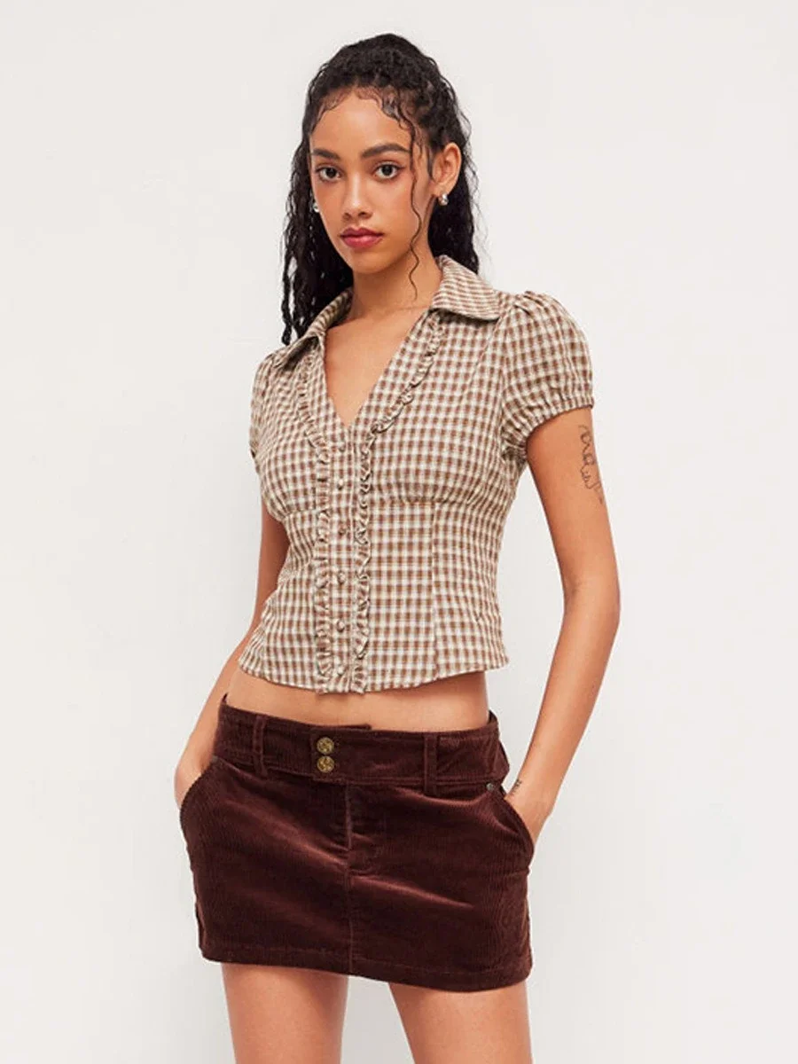 

Wolfeel Women's Summer Retro Plaid T-shirt Ruffled Hot Girl Ruffle Trim Shirt Lace-up Small Collar Slim Fit Cropped Blouse