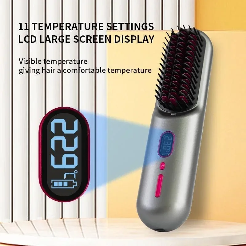 

New Portable USB Charge Straightening Brush LED Electric Hair Brushes Cordless Hair Straightener Brush Negative Ions Hot Comb