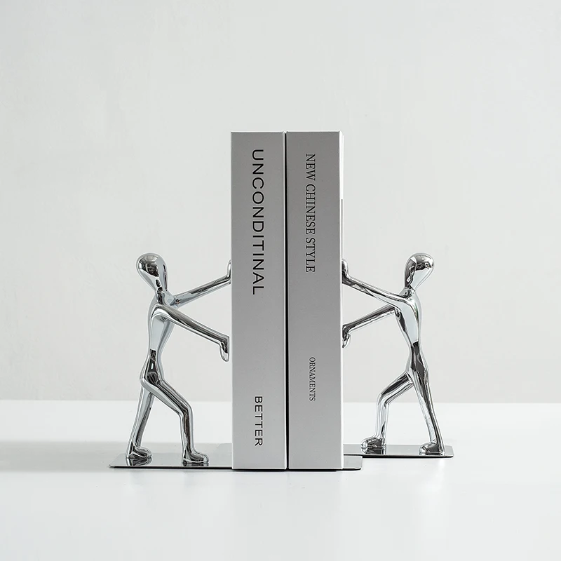 Modern Luxury Gold Bookends Creative Metal Character Desk Accessories Silver Book Rest Decorations for Study Room Sample Room