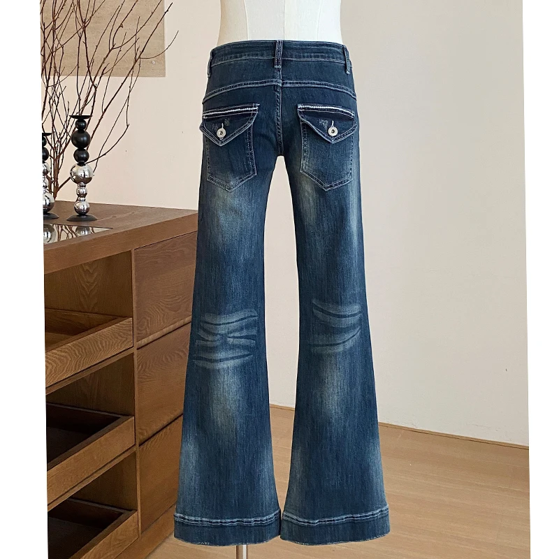 Low-waisted Washed Blue High-elastic Slightly Flared Jeans Stretch Zip Up Denim Pants Ankle-Length Slim-fit Bodycon Jeans