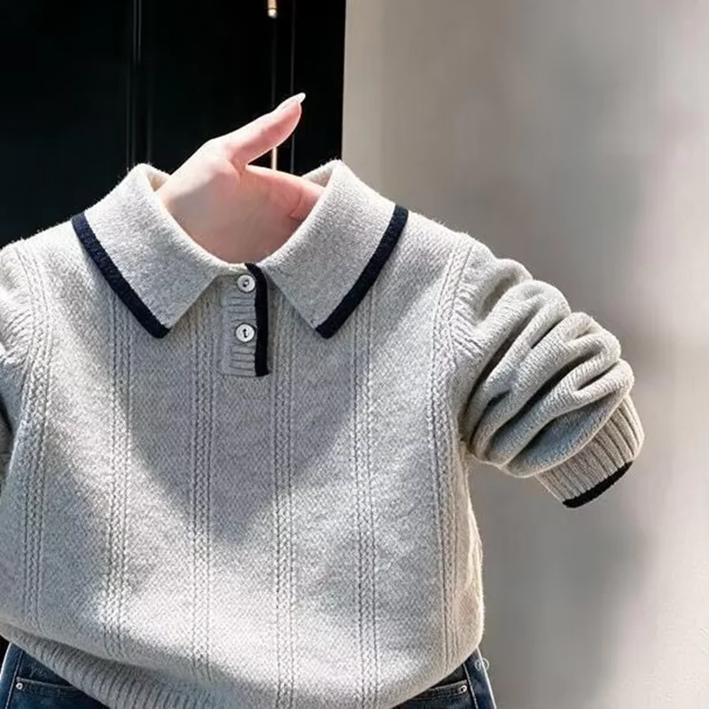 Children's Knitted Sweater Overhead Autumn Winter 2026 New Style Boys Baby Turn-down Collar Base Layer Sweater 90-140CM
