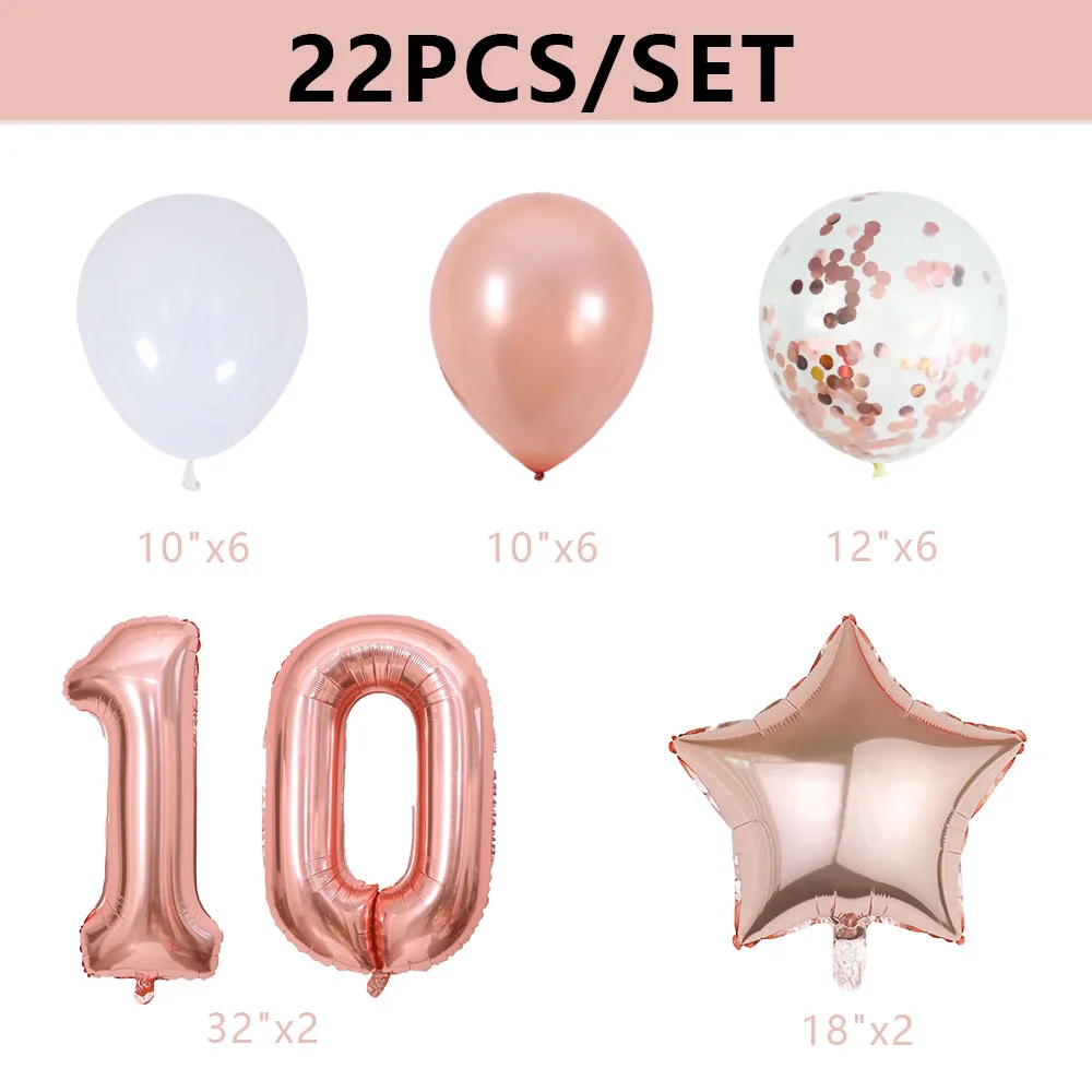 22pcs Rose Gold Number Foil Balloons Happy Birthday Party Decorations Adult Kids 10 11 14 15 16 18 25 30 35 40 50 60 70 Year Old