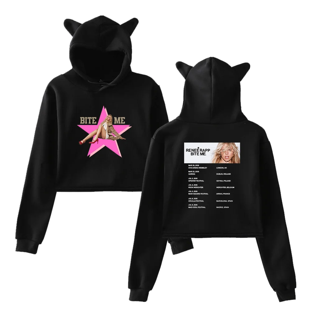 

Reneé Rapp Cat Ear Hoodie BITE ME tour Merch Short Hoodie for WomenStreetwear Crop Tops Long Sleeve