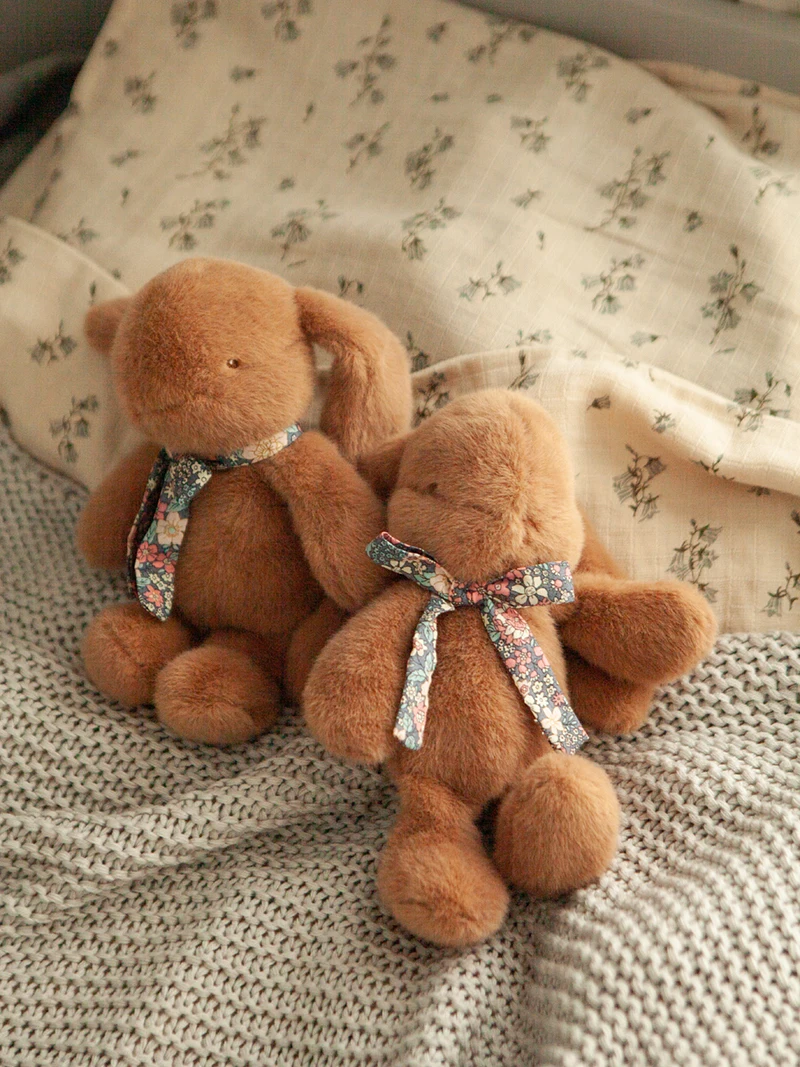 Brown Fluffy Plush Toy with Floral Bow Cute Huggable Stuffed Rabbit Soft Toys for Kids Gift Baby Toys Wholesale Plushies