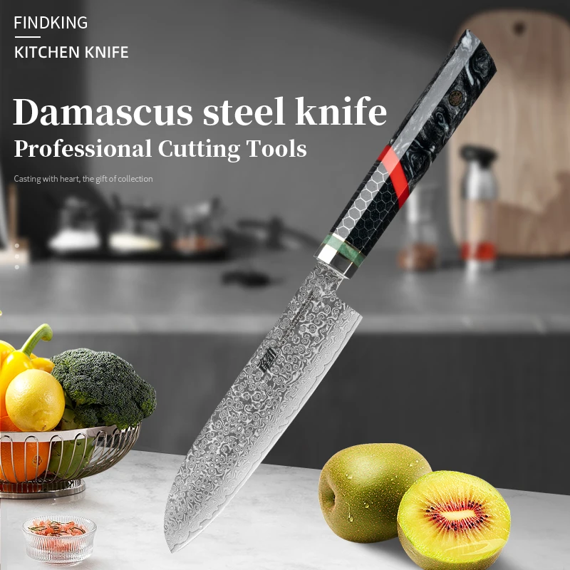 FINDKING 5 inch Semi Santoku Knife 9Cr18Mov 67 Layers Damascus Steel Black Honeycomb Pattern Resin Handle Kitchen Chef Knife