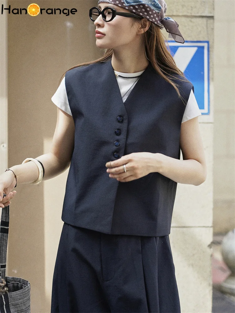 HanOrange 2026 Early Autumn Simple Short Vest + Fold Curved Wide Leg Pants Women 2 Pcs Set Navy Blue