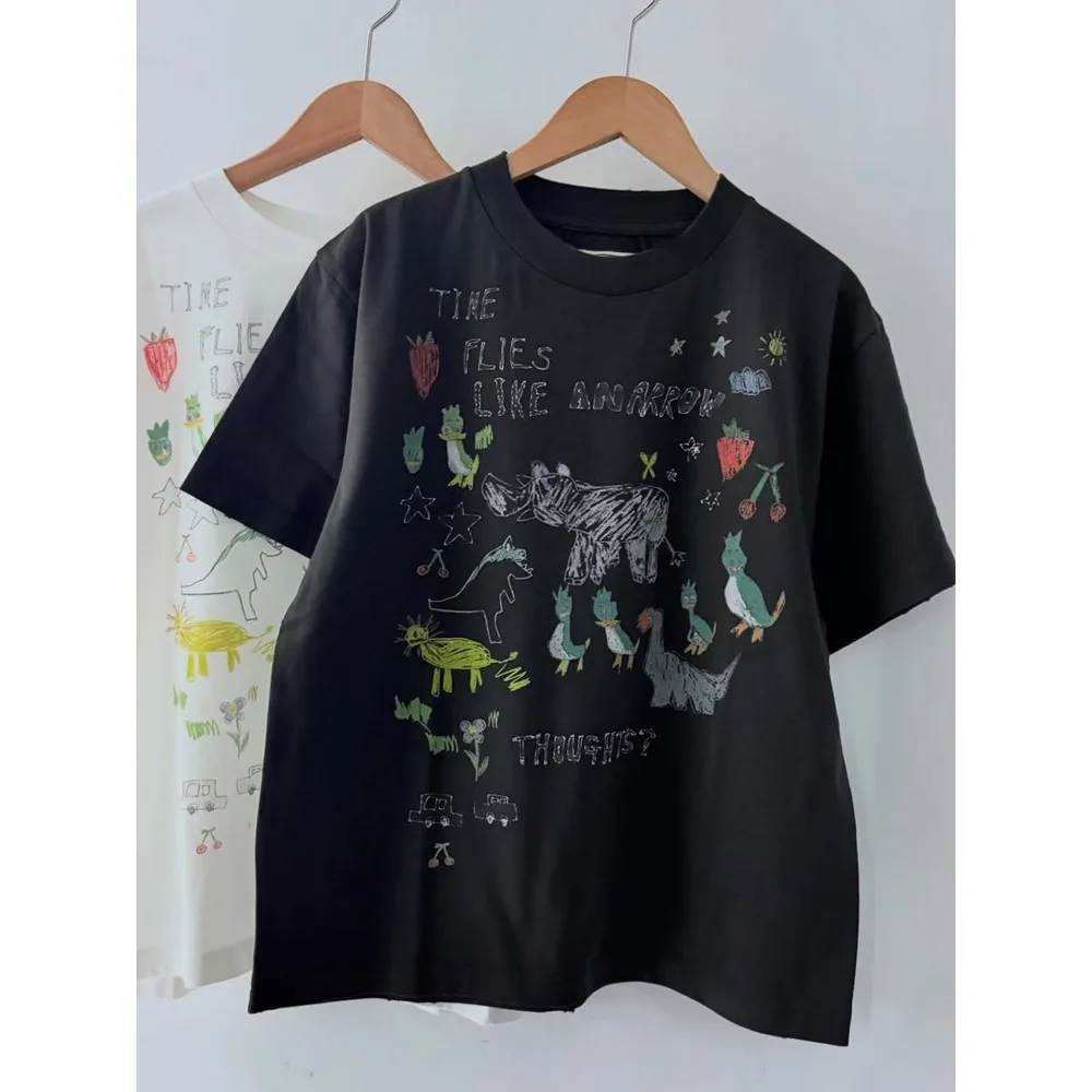 26SS Cartoon Graffiti Printed Short Sleeved Men's and Women's Loose Round Neck Niche Design Top T-shirt