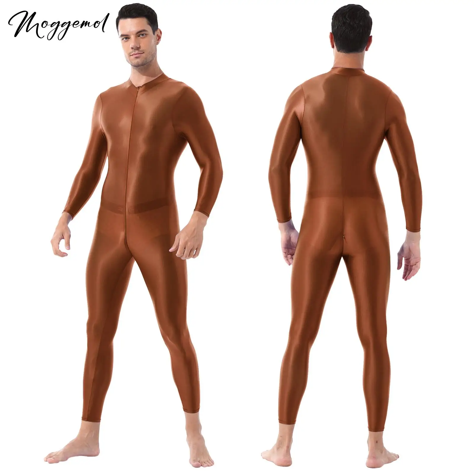 Mens One-piece Glossy Jumpsuits Smooth High Neck Long Sleeves Double-ended Zipper Leotard Bodysuit Unitard Fitness Sportswear