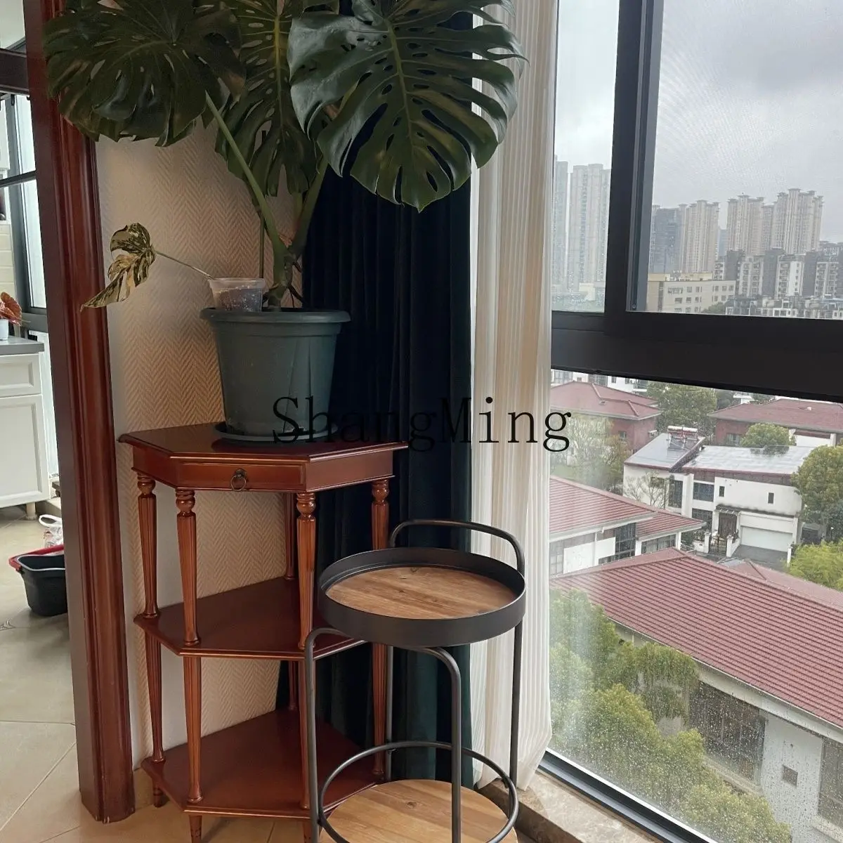 FG simple side sofa side table solid wood triangle table living room corner rack ^