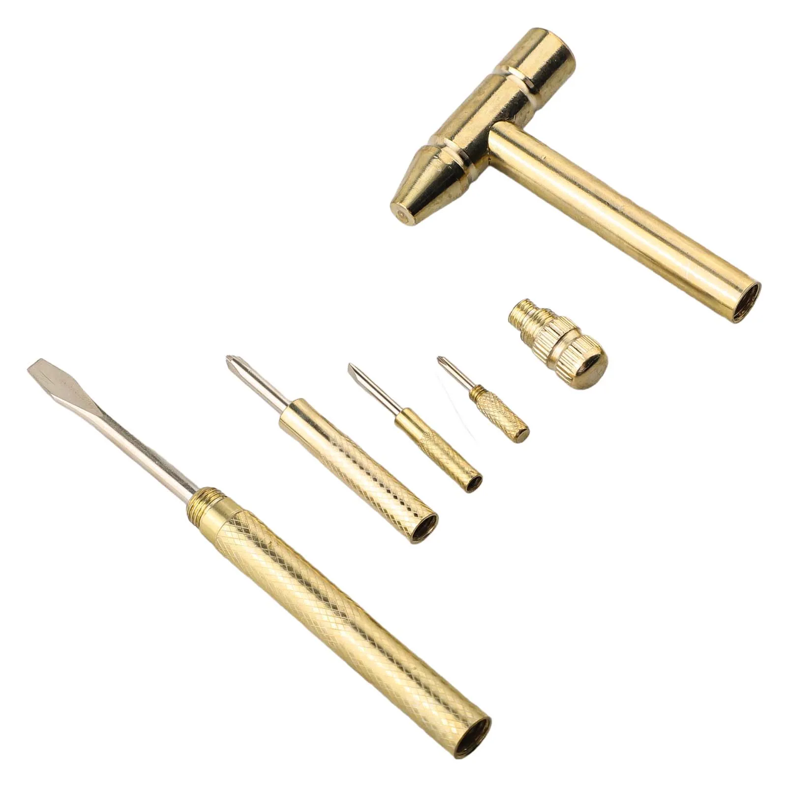 1set Screwdriver Tool 6 In 1 Mini Multifunction Brass Hammer Slotted Cross Screwdriver Bits Tools Accessories