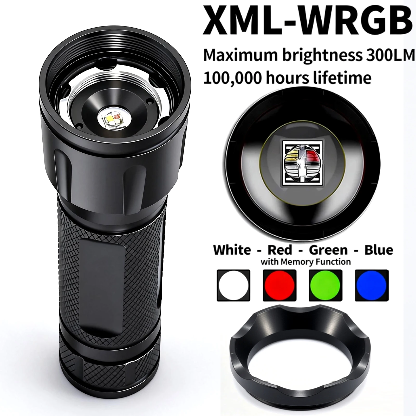 4 in 1 Multicolor Tactical Flashlight RGB Waterproof Handheld Torch with Clip Zoomable White Blue Green Red Light for Hi Light