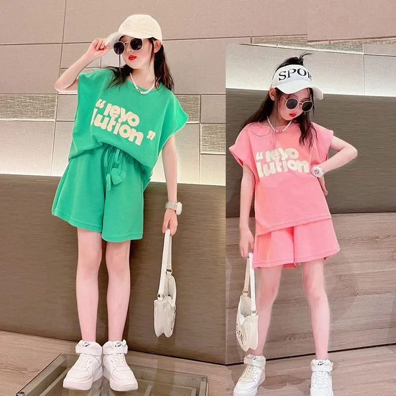 Summer Girls Alphabet Sleeveless t-Shirt Tops+Drawstring Shorts Pant Sets School Kids Tracksuit Child Oversize Outfit 3-16 Years