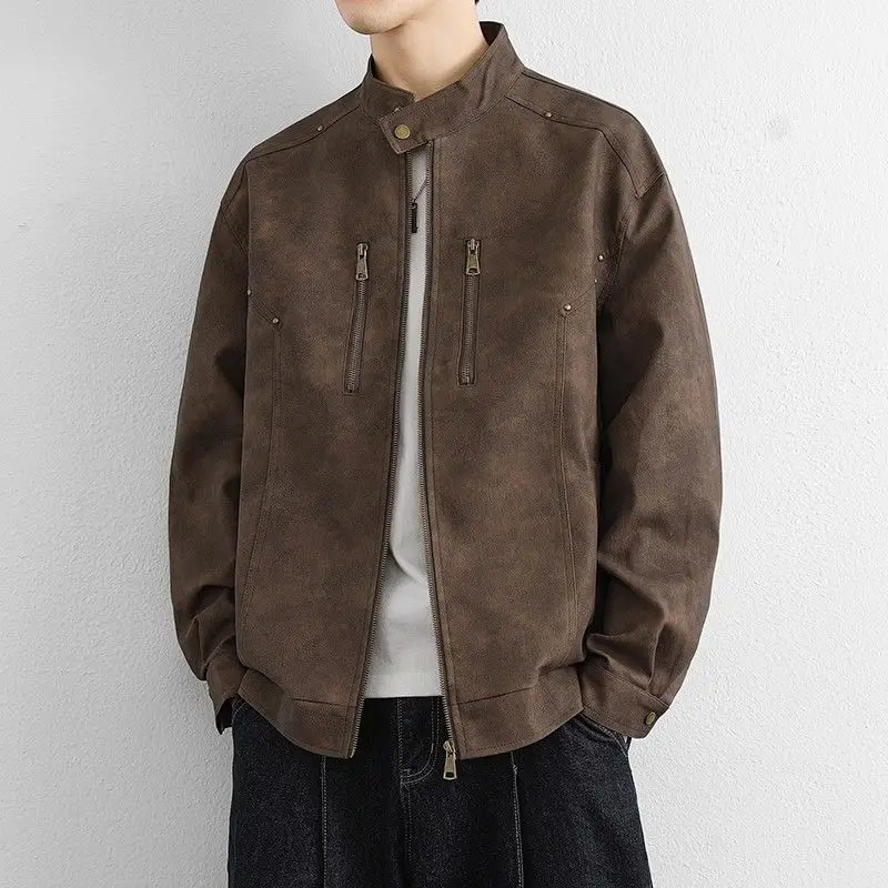 

Loose Fit Vintage Men's Leather Jaet Stand Collar Casual Faion Spring Autumn PU Leather Thiened Zipper Closure Coat