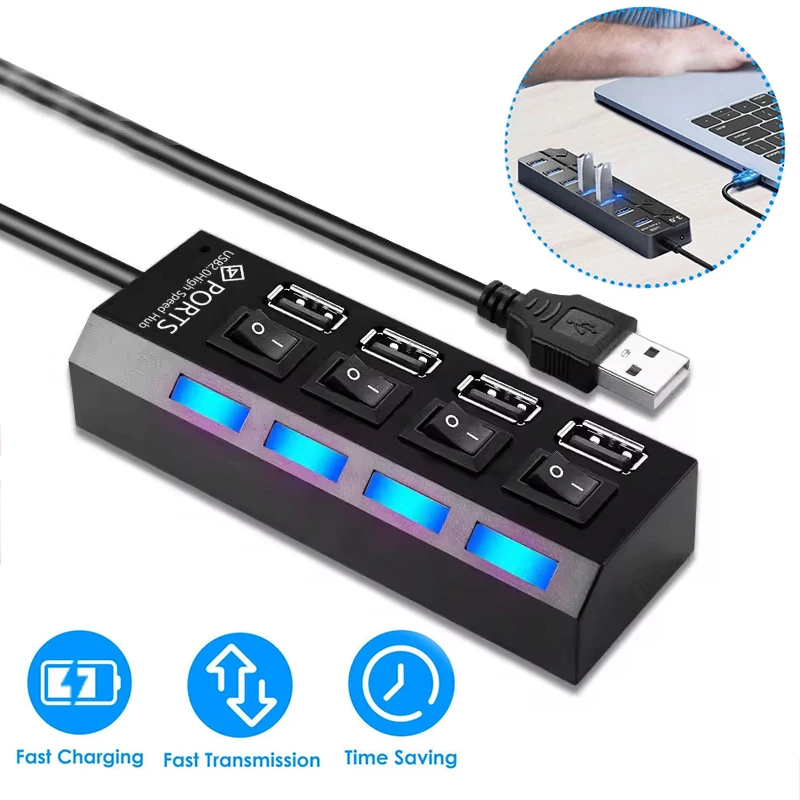 High Speed 4 Ports USB HUB Adapter Expander Multi USB Splitter Multiple Extender With LED Lamp Switch For PC Laptop Accessories