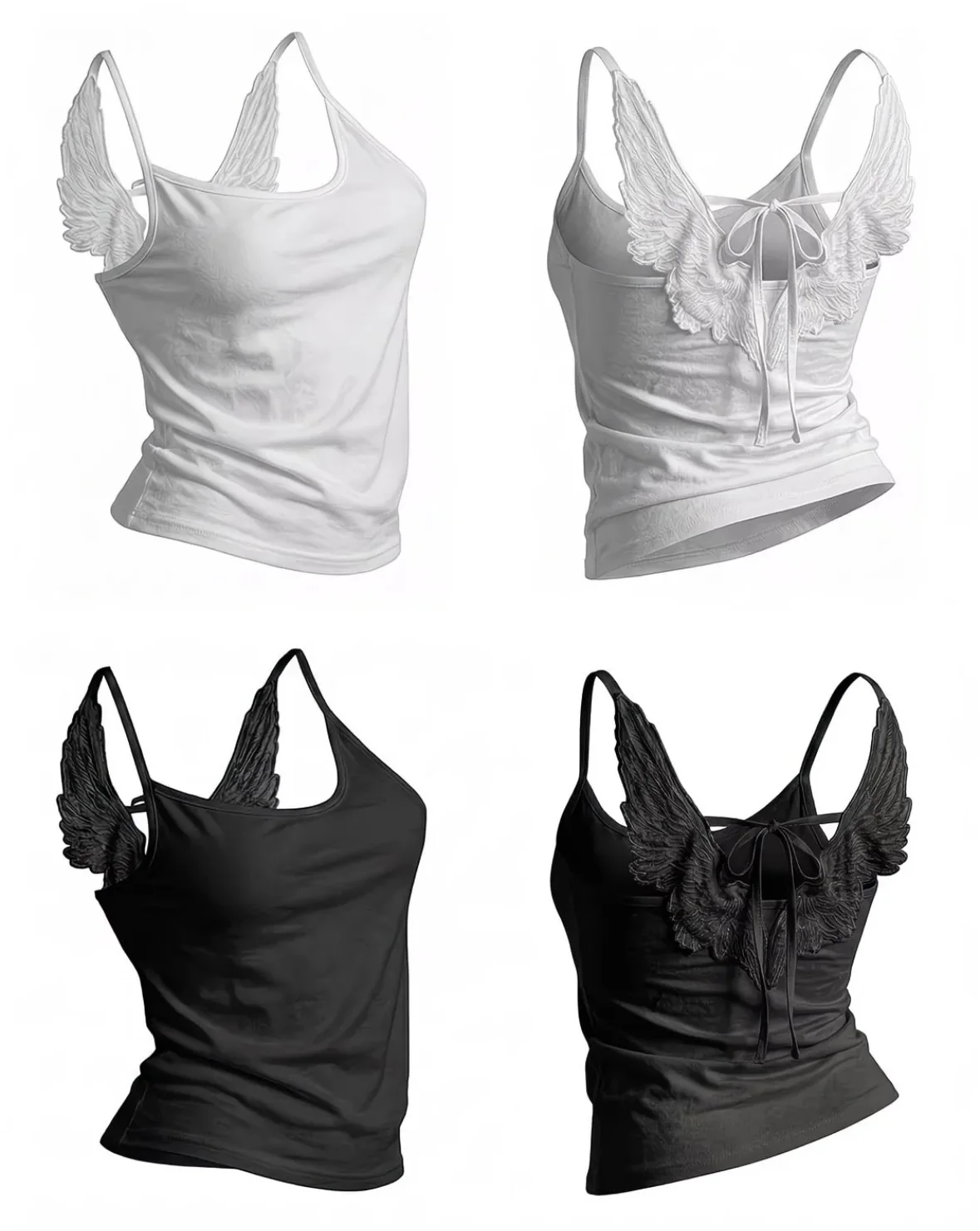 Y2K Women Gothic Trendy Angel Wings Vest 3D Embossed Wings Embroidered Spaghetti Strap Vest Summer Sexy Slim Backless Short Tops
