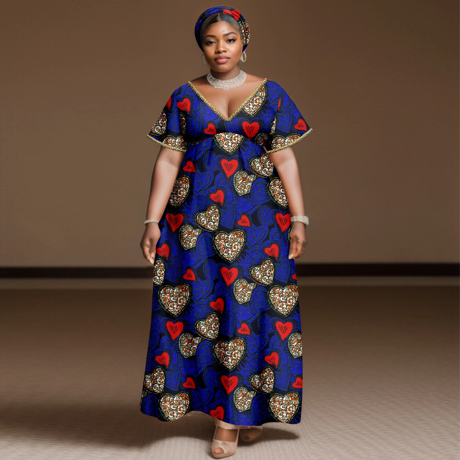 

African Women's Plus Size Dress Wear Headscarf Casual V-Neck Ankara Flower Cloth Robe Cuffs Collar Beads Accessories A2325023