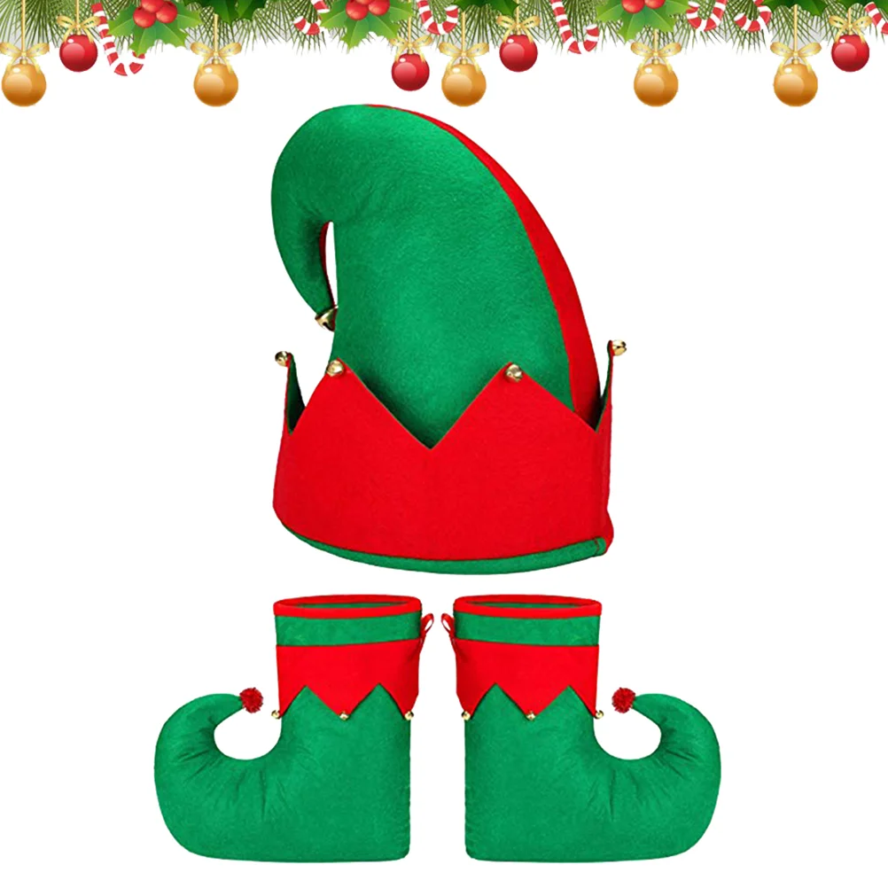 3 Pcs Christmas Elf Shoes and Hats Ball Adult Costume Style Aldult Suit Cloth Cosplay Chirstmas Party