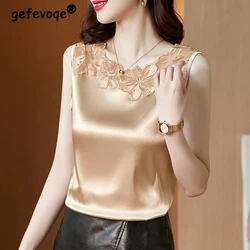 High Quality Satin Elegant Chic Lace Flower Patchwork Sleeveless Tops for Women Korean Fashion Solid Slim Shirts Blouses Clothes