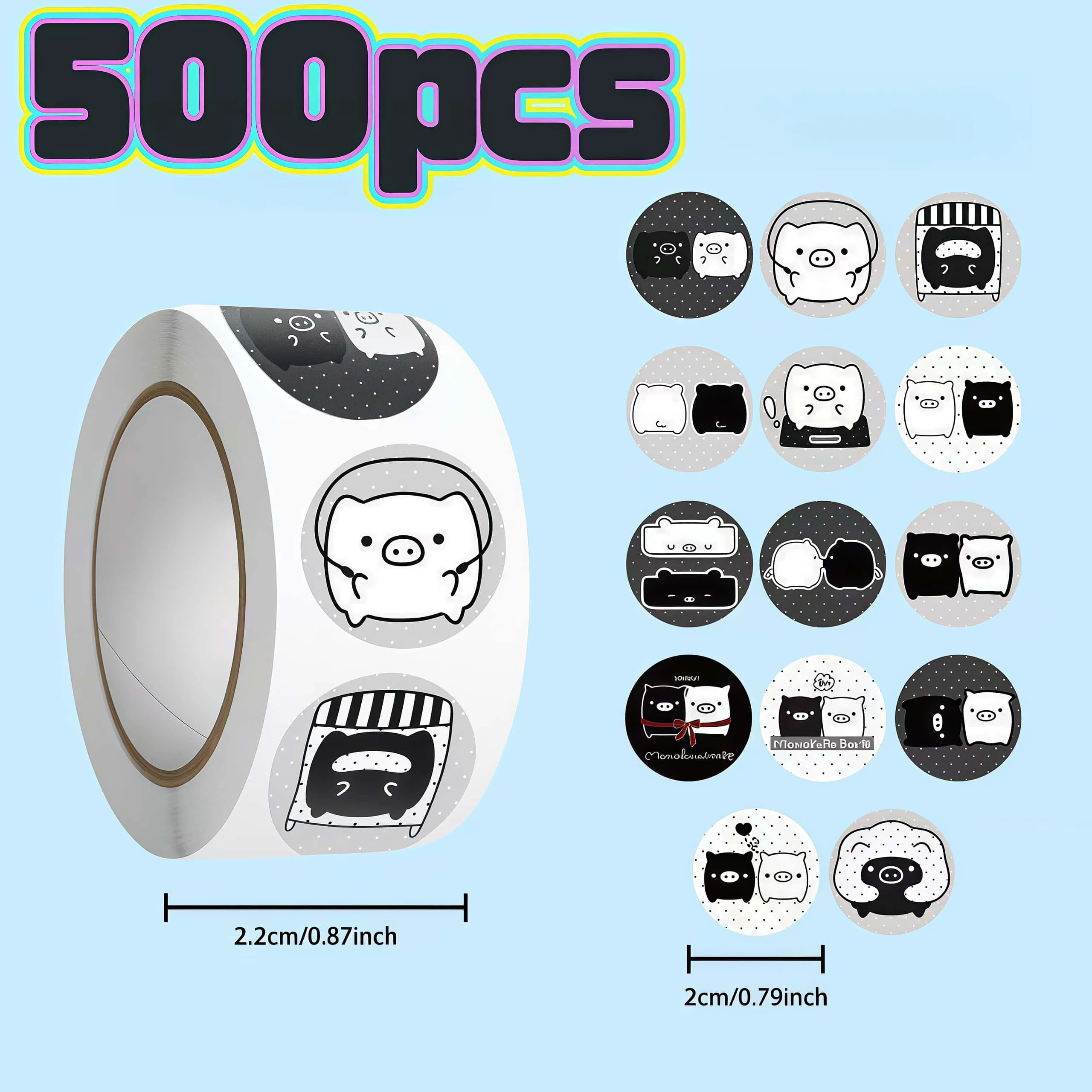 500Pcs Black White Cartoon Pig Round Sticker Roll, Simple Cute Dual-color Pig Expression Labels for Package Sealing Journal DIY