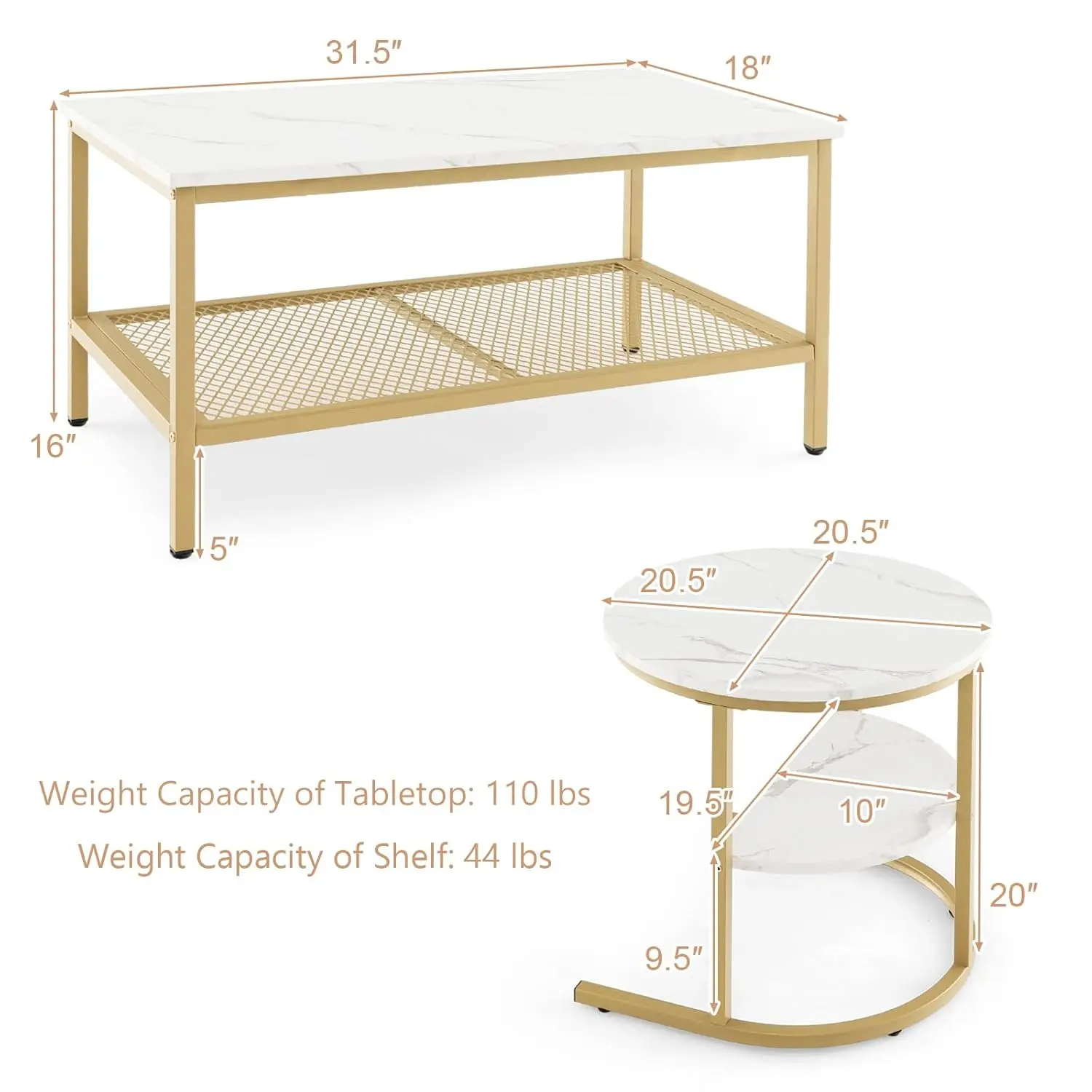 Nesting Coffee Table Set of 2 Faux Marble Pattern Metal Frame Modern Living Room Side Table, Customized