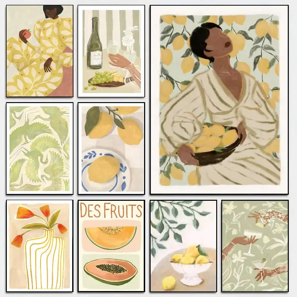 Retro Pajama Girl Lemon Flowers Vase Abstract Poster Self-adhesive Art Room Entrance Restaurant Wall Decor Art Painting