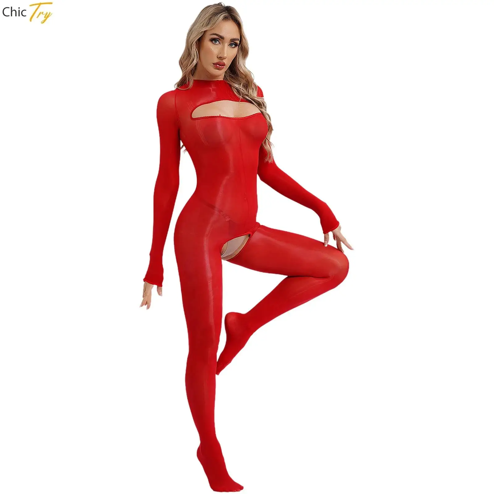 

Womens Glossy Crotchless Bodystockings Cutout Long Sleeve Bodycon See-Through Open Breast Bodysuit Erotic Underwear Jumpsuits