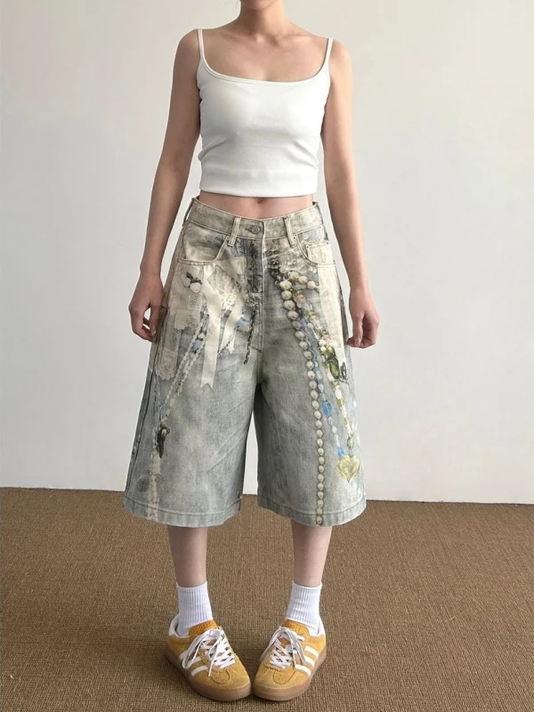 Shorts Jeans Estilo Street com Corrente de Pérolas e Estampa 3D, Perna Larga, Comprimento Sete Décimos, Calças Casuais para H...