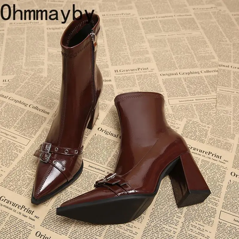 Pointed Toe Women Modern Ankle Boots Fashion Inside Warm Cotton Short Booties Concise Square High Heel Shoes