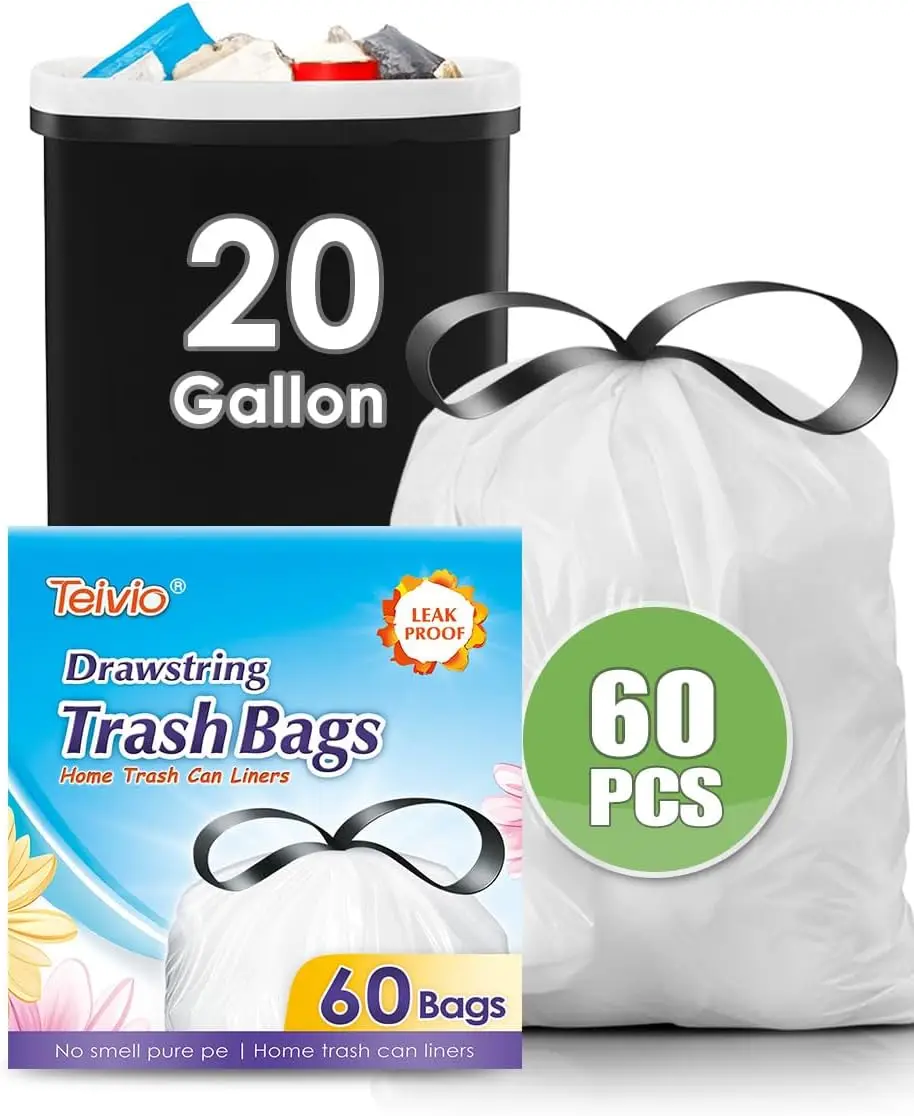 

Large Drawstring Trash Bags, 20 Gallon 60 Counts, Strong Tall Kitchen Compactor Garbage Bags for Home Office Outdoor