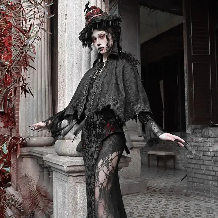 Blood Supply Original Gothic Black Embroidered Classical European Court Cloak Folk Cape Summer Beach Sun-proof Cloaks