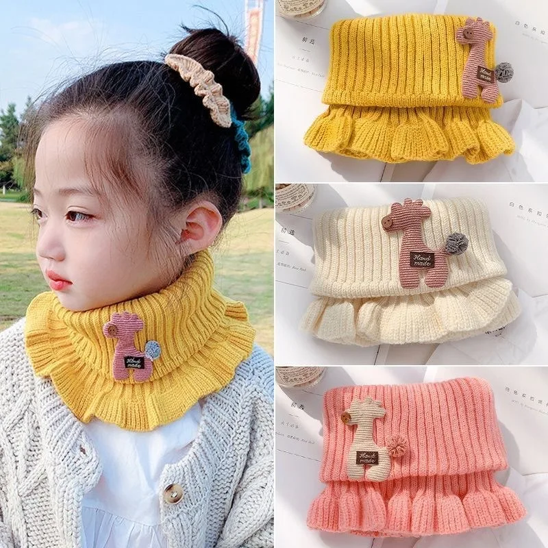 Warm Baby Knitted Scarf Cartoon Giraffe Ruffle Neck Girls Kids Winter Scarves Collar Circle Outdoor Winter Scarfs