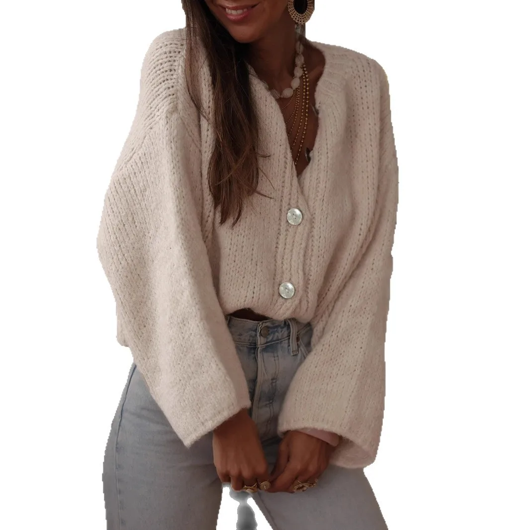 Elegant French Style Women's Cardigan Apricot V-Neck Single Breasted Female's Knit Sweater Autumn Slouchy-Style Sweater For Lady