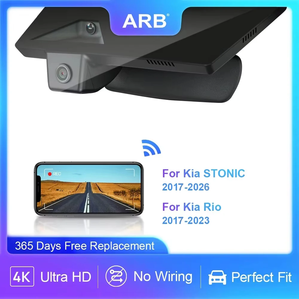 Cámara para Vehículo ARB 4K para Kia Stonic 2017-2026 y Rio 2017-2023, Dashcam UHD con Conexión WIFI, Control por Aplicación, Visión Nocturna