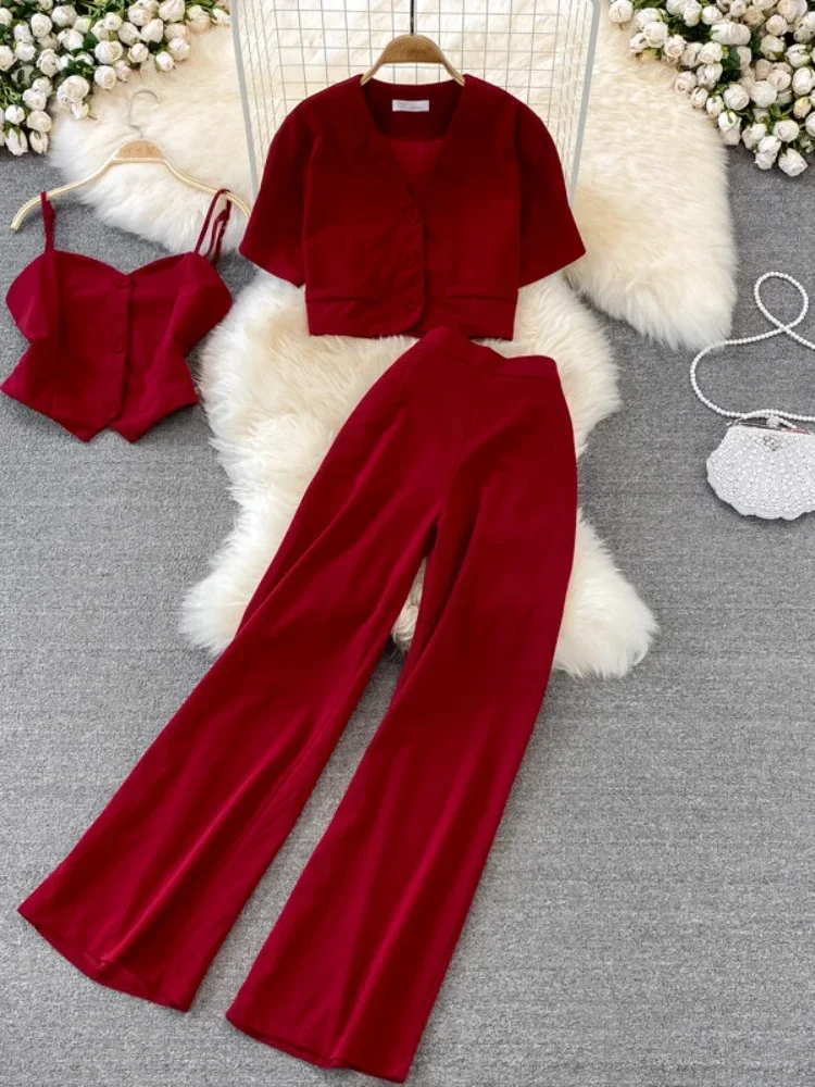 

New Fashion Blazer Three Piece Sets Women Tank Tops V-neck Shirt Jacket Three-piece Suit High Waist Wide Leg Long Pants Oufits