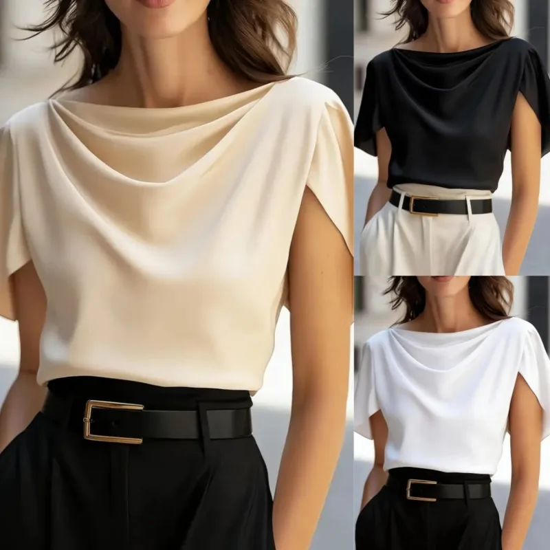 

Women's Fashion Folds Blouses New Style Summer Commuting All-match Satin Short-sleeved Casual Shirt Tops For Women Clothing 2026