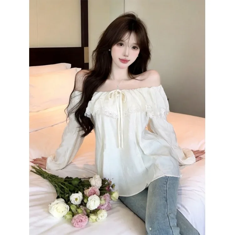 Lace Splice Design Bubble Sleeve Shirt Women's Early Autumn New Style Youthful All-Match Top Loose Fit Long Sleeve One-Shoulder