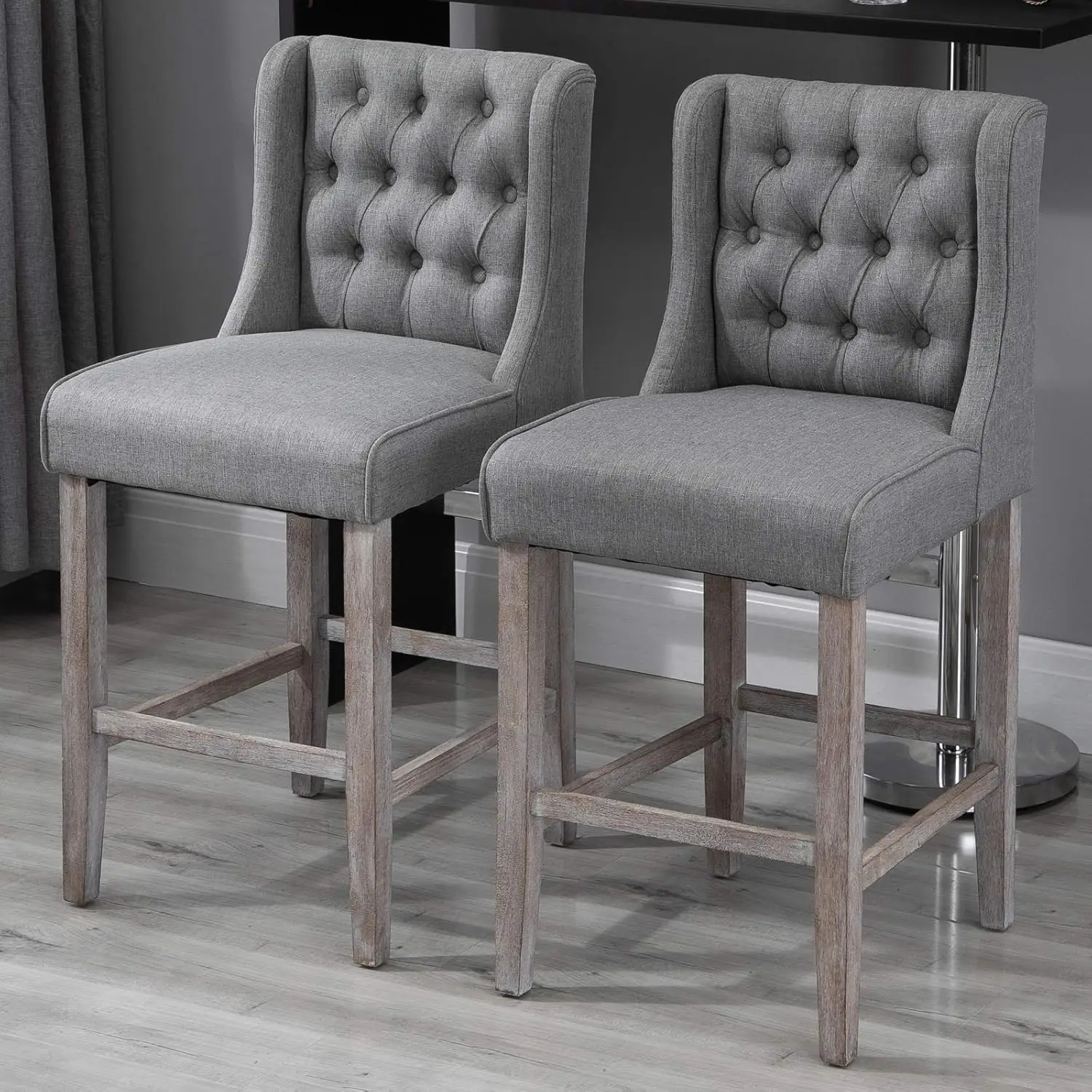 

26.25" Counter Height Bar Stools, Tufted Wingback Armless Upholstered Dining Chair with Rubber Wood Legs, Set of 2, Gray