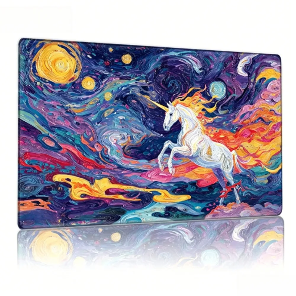 Game mat, surreal and majestic white unicorn golden pattern, TCG/CCG card game mat, suitable for collectible card games