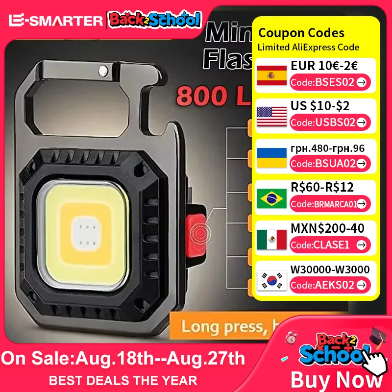 Mini LED Flashlight Magnetic COB Outdoor Camping Pocket Work Light 800 Lumens USB Rechargeable 7 Modes Spotlights