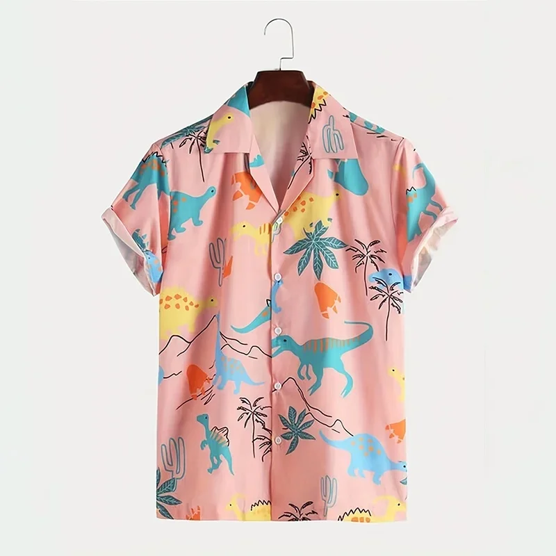 Novas Camisas com Estampa de Dinossauro 3D para Homens, Camisas com Estampa de Plantas e Cogumelos para Mulheres e Crianças, Moda Havaiana, Camisetas 