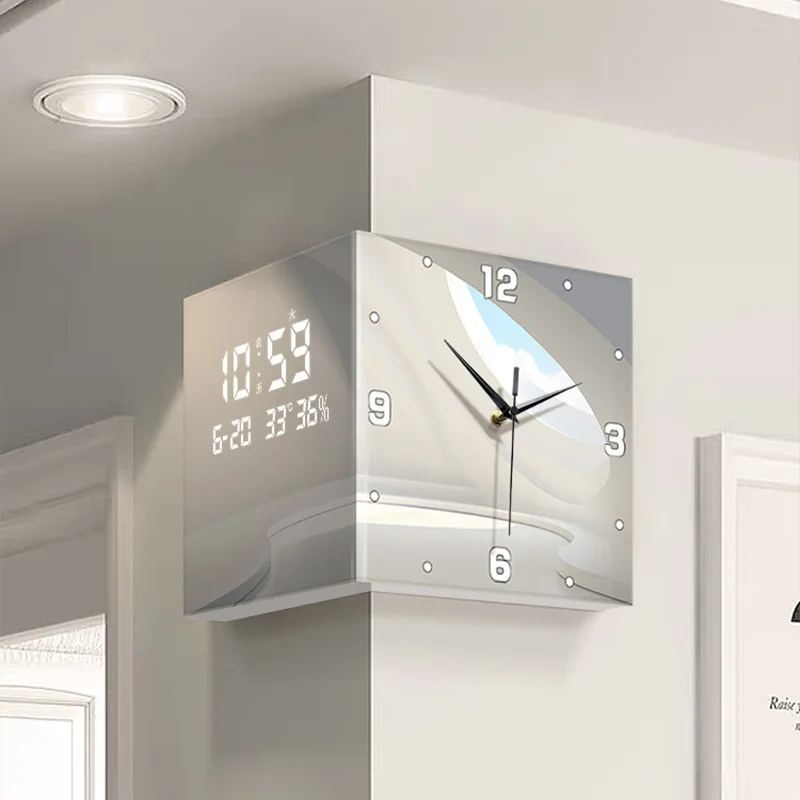 

Creative Corner Wall Clock Light Double Sided Digital Perpetual Calendar Electronic Watch Living Room Modern Hanging Decor LED