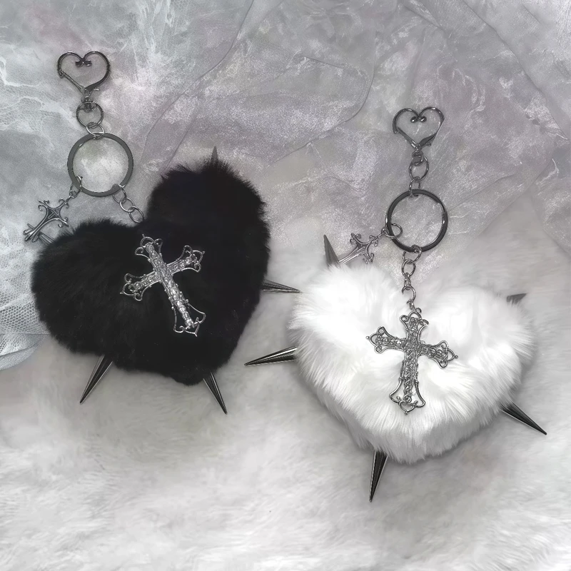 Punk Jewelry Leopard Print Rivet Cross Keychain Punk Cool Grunge Rock Heart Bag Keychain Decoration Accessories Goth