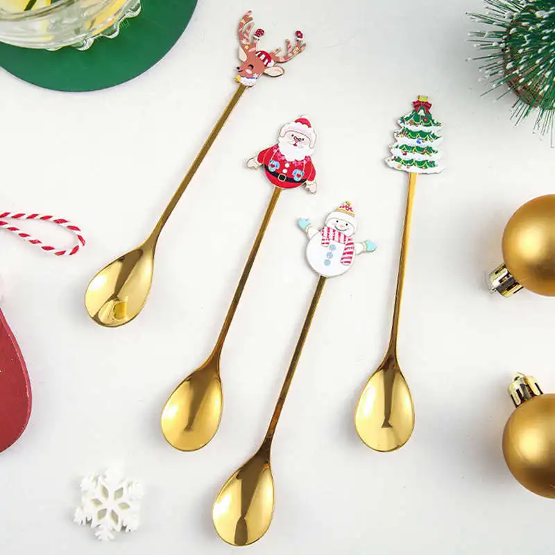 Christmas Spoon Teaspoon Coffee Spoon Snowman Santa Claus Ice Cream Dessert Spoon Gold Stainless Steel Spoon For Coffee Tea