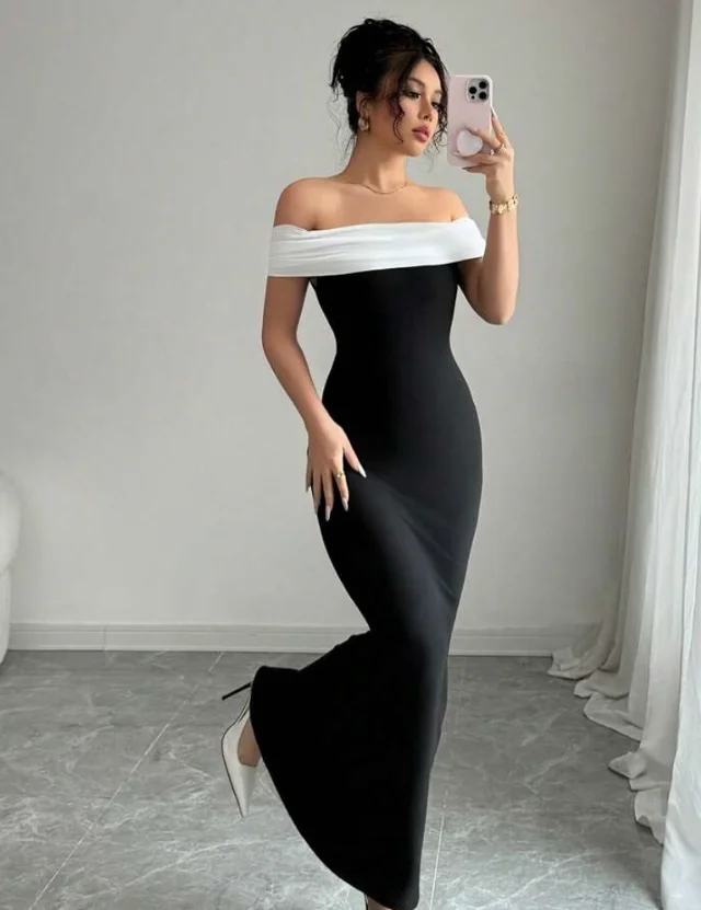 High Quality Customized Strapless Backless Ankle Length Color Contrast Robe Pour Mariage Invité Evening Kleider Damen Elegant