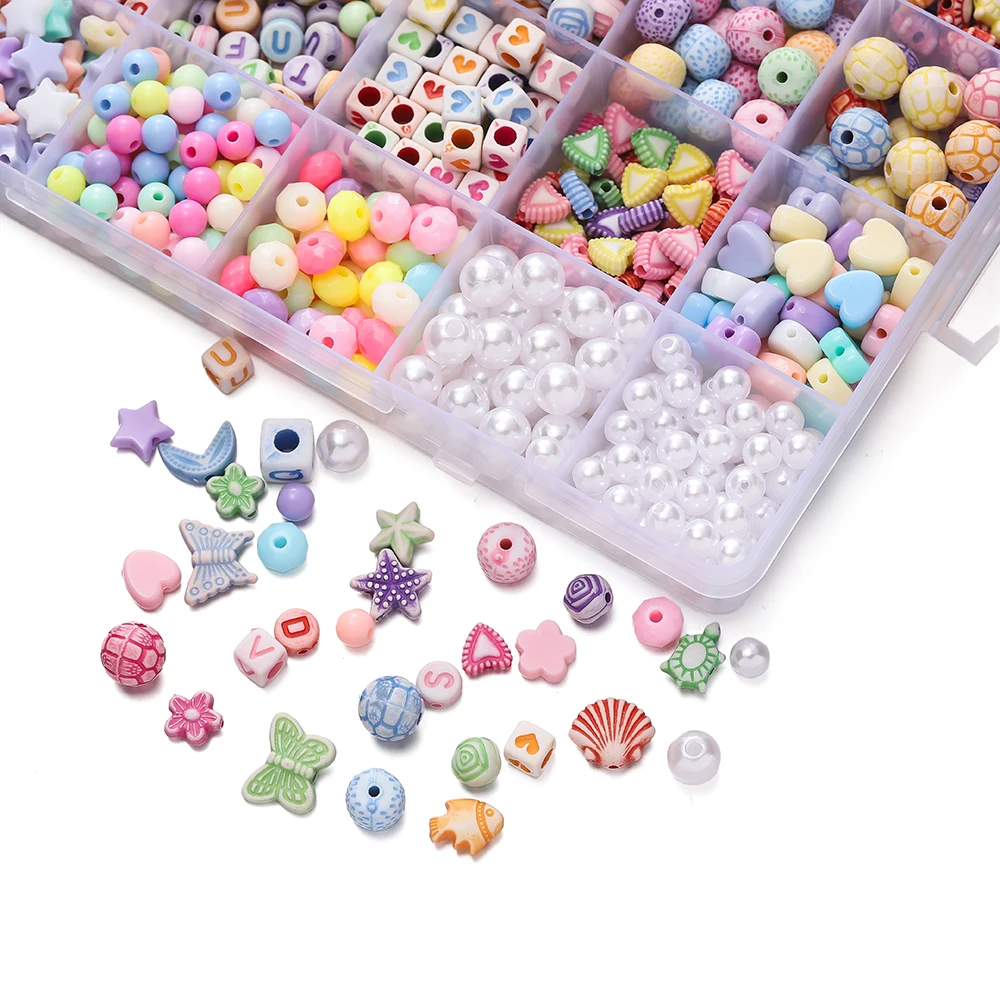 780pcs/Box Mix Acrylic Spacer Beads with Imitation Pearl Beads Girls DIY Bead Set for Friendship Bracelet Jewelry Making Kits